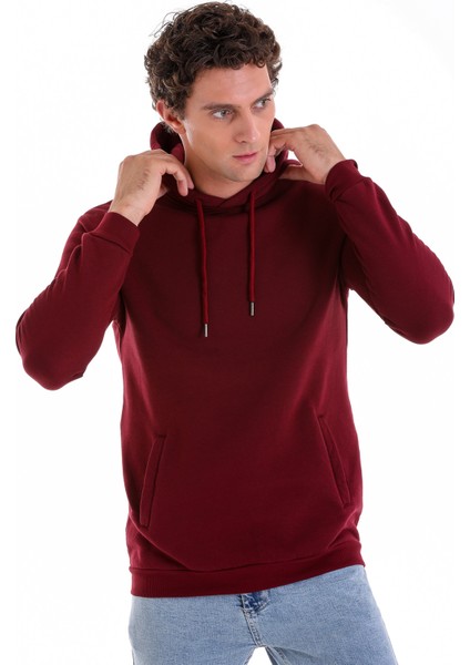 Bordo Regular Fit Düz Pamuklu Kanguru Cep Kapüşonlu Sweatshirt