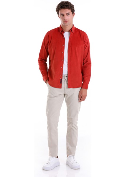 Kiremit Comfort Fit Düz 100% Pamuk Slim Yaka Uzun Kollu Kadife Gömlek fiyatları