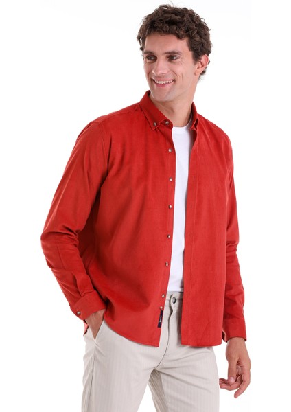 Kiremit Comfort Fit Düz 100% Pamuk Slim Yaka Uzun Kollu Kadife Gömlek modelleri