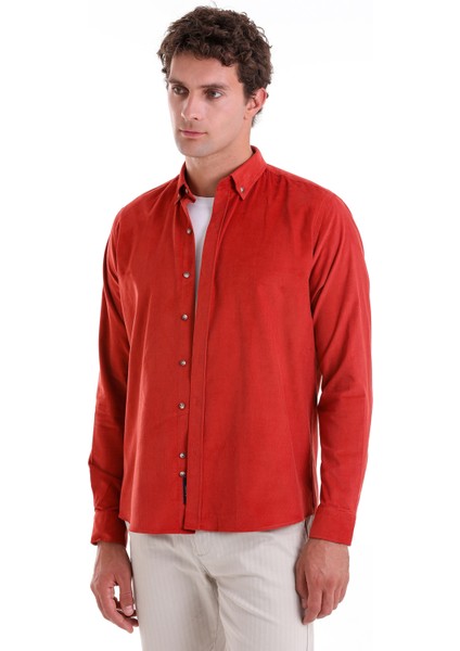 Kiremit Comfort Fit Düz 100% Pamuk Slim Yaka Uzun Kollu Kadife Gömlek fırsatları