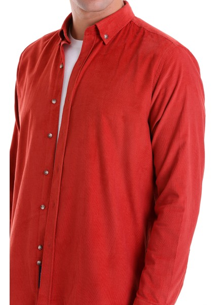 Kiremit Comfort Fit Düz 100% Pamuk Slim Yaka Uzun Kollu Kadife Gömlek indirimleri