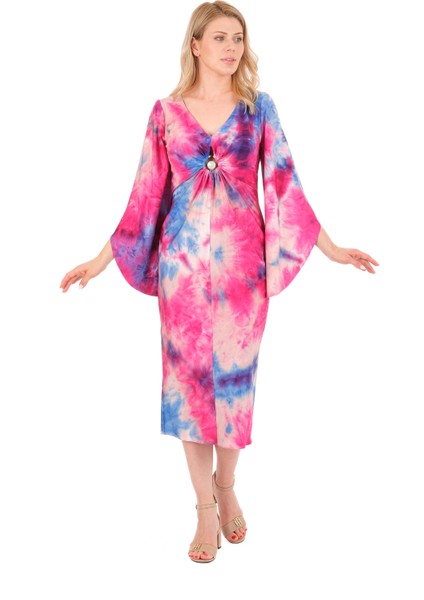 Kadın Kristal Pembe Batik Tokalı Elbise