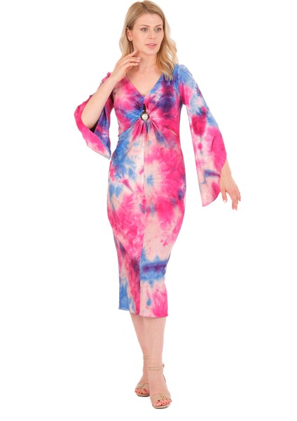 Kadın Kristal Pembe Batik Tokalı Elbise