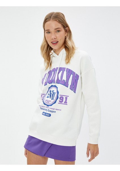 Kapüşonlu Sweatshirt Kolej Baskılı Ribanalı Uzun Kollu