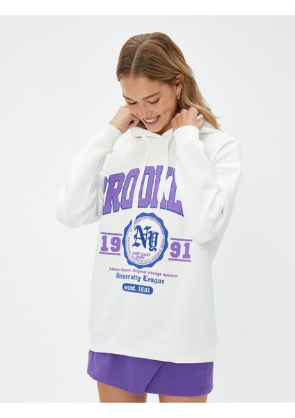 Kapüşonlu Sweatshirt Kolej Baskılı Ribanalı Uzun Kollu