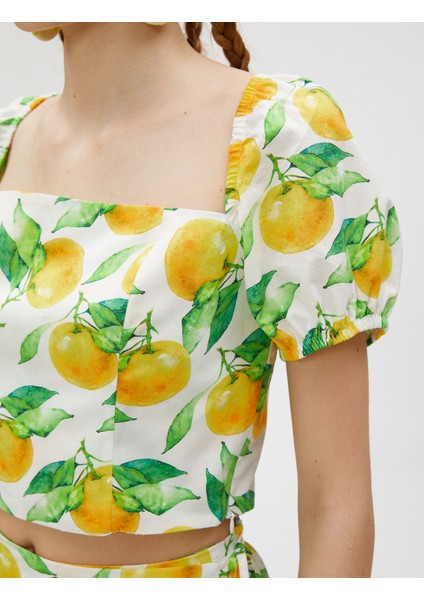 Crop Bluz Kısa Balon Kollu Kare Yaka Baskılı Pamuklu