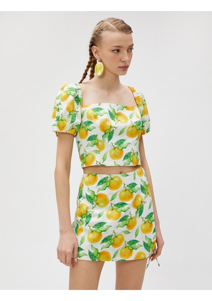 Crop Bluz Kısa Balon Kollu Kare Yaka Baskılı Pamuklu modelleri