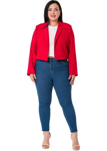 Büyük Beden Süs Cepli Vatkalı Astarsız Kısa Kırmızı Ceket