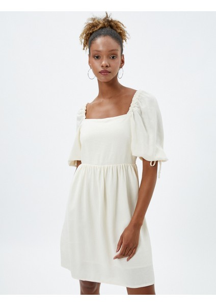 Keten Midi Elbise Kısa Balon Kollu Arkası Pencere Detaylı Astarlı fiyatları