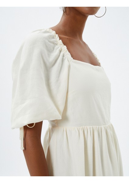 Keten Midi Elbise Kısa Balon Kollu Arkası Pencere Detaylı Astarlı indirimleri