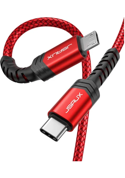 USB C To Micro USB Kablosu Uzun Mikro Yüksek Hızlı Şarj ve Data Aktarım Kablosu Örgülü, MacBook Pro Uyumlu Galaxy S8 S9 S10, Pixel 3 Xl, 2 Xl ve Mikro USB Cihazları ile Uyumlu  Kırmızı CC0028