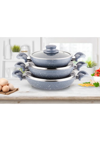 Asal Home Çift Kulp Kapaklı Gri Granit Omlet/Sahan Tava Seti 3'lü 18-20-22 cm