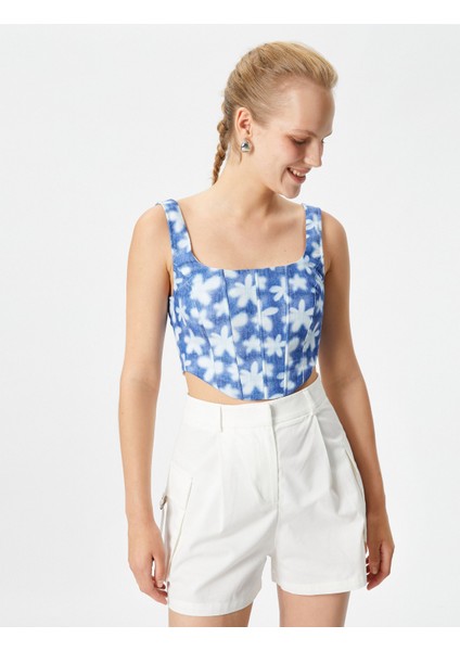 Korse Büstiyer Crop Askılı Çiçekli Kare Yaka