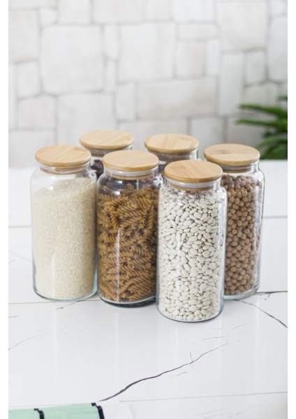 Bambu Kapaklı Cam Kavanoz & Erzak Saklama Kabı 6 x 1,3 lt + 0,80 lt + 0,50 lt