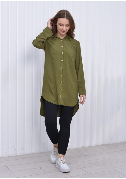 Kadın Uzun Önden Düğmeli Aerobin Tunik Gömlek Haki modelleri