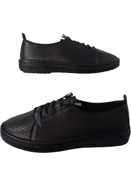 Siyah Lazer Kadın Deri Bağcıklı Lastikli Şık Ayakkabı