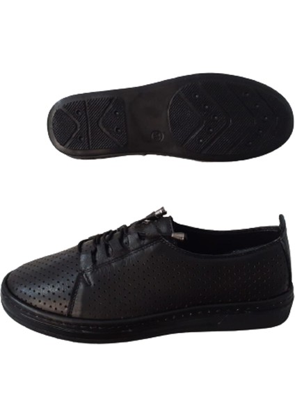 Siyah Lazer Kadın Deri Bağcıklı Lastikli Şık Ayakkabı fırsatları