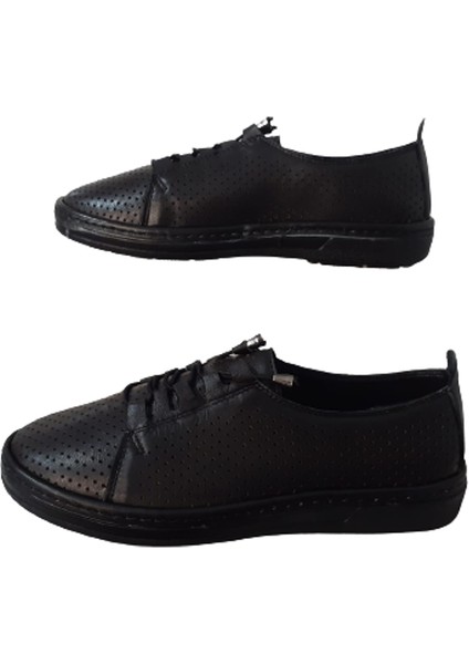 Siyah Lazer Kadın Deri Bağcıklı Lastikli Şık Ayakkabı indirimleri