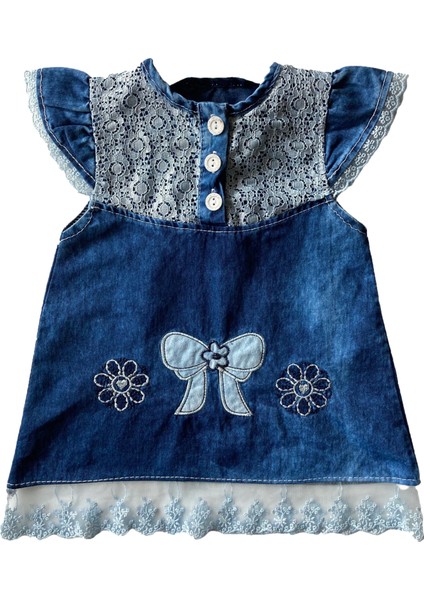 Kız Çocuk Denim Renk Kadife Kumaş Dantel Işlemeli Vintage Model Volanlı Elbise
