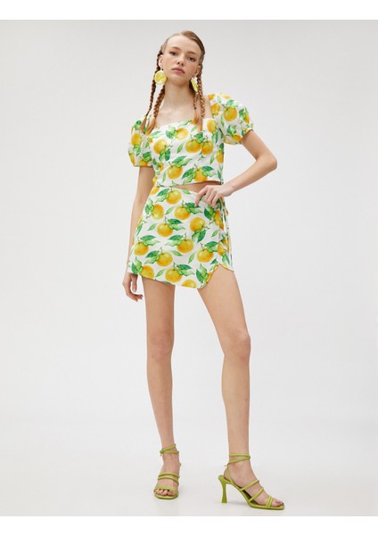 Crop Bluz Kısa Balon Kollu Kare Yaka Baskılı Pamuklu