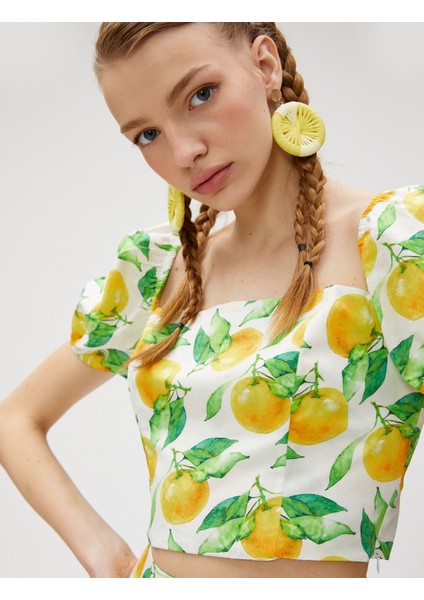Crop Bluz Kısa Balon Kollu Kare Yaka Baskılı Pamuklu fiyatları