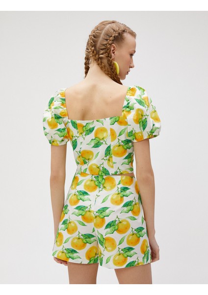 Crop Bluz Kısa Balon Kollu Kare Yaka Baskılı Pamuklu fırsatları