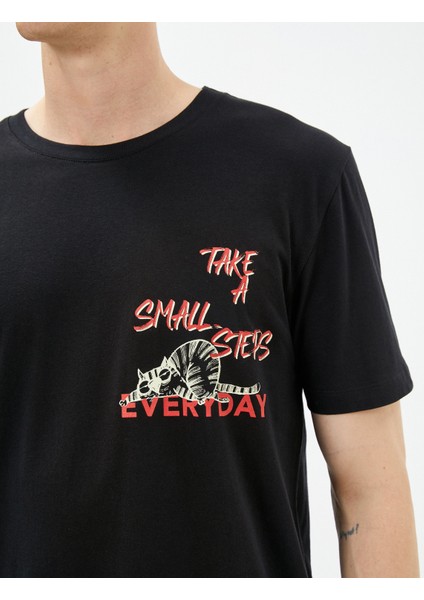 Slogan Baskılı Tişört Slim Fit Bisiklet Yaka Kısa Kollu Pamuklu indirimleri