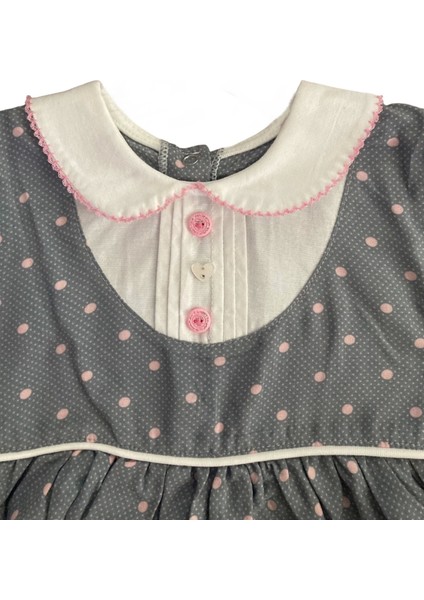 Kız Bebek Pamuklu Gri Renk Işlemeli Gömlek Yakalı Kısa Kollu Puantiyeli Elbise fiyatları