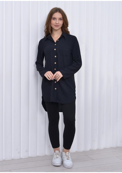 Kadın Uzun Önden Düğmeli Aerobin Tunik Gömlek Siyah fiyatları