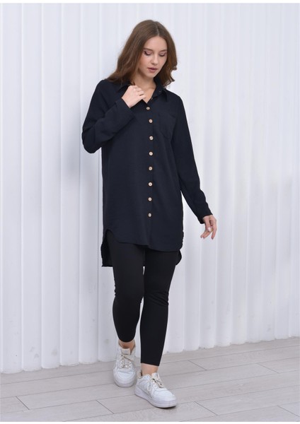 Kadın Uzun Önden Düğmeli Aerobin Tunik Gömlek Siyah modelleri