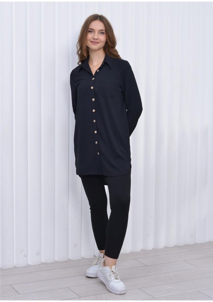 Kadın Uzun Önden Düğmeli Aerobin Tunik Gömlek Siyah fırsatları