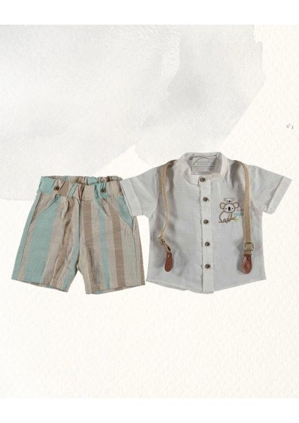 Erkek Bebek Beyaz Pamuklu Kısa Kollu Gömlek ve Keten Askılı Şort Yazlık 2 Parça Takım