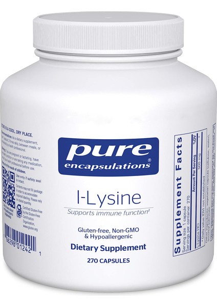 Pure Encapsulations L-Lysine Amino Acid Free Form 500 mg Hypoallergenic 270 Vegetarian Kapsül L Lysine Amino Asit