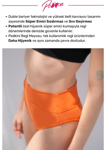 Regl Dönemine Özel Konforlu Pedkini Mayo Altı Eco Friendly Swimwear Süper Emici Yüksek Bel Bikini Altı Turuncu Regl Mayosu