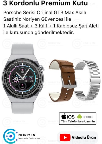 Full Hd 3 Kordonlu Porsche Gt3 Max Premium Spor Sağlık Sensörlü Watch Ios Android Uyumlu Akıllı Saat Nabız Tansiyon Ölçer Smart Gri Akıllı Saat