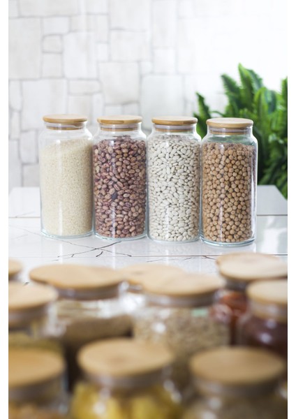 Bambu Kapaklı Cam Kavanoz & Erzak Saklama Kabı 4 x 1,3 lt + 0,80 lt + 0,50 lt