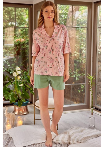 Kadın Düğmeli Kısa Kollu Pijama Takımı