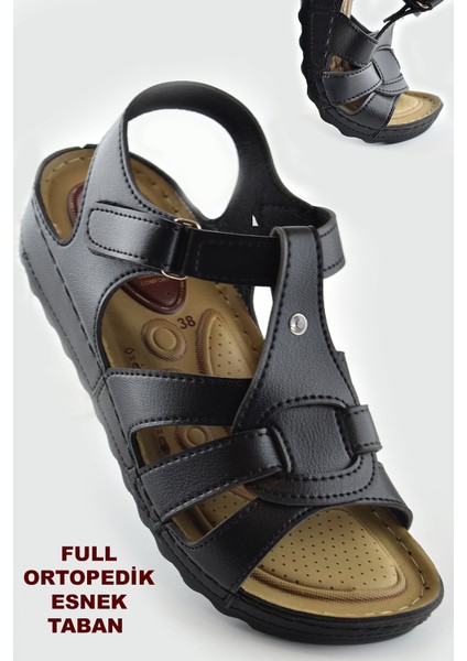 6001 TAM Ortopedik Taban Günlük Kadın Sandalet Terlik Siyah Sandalet