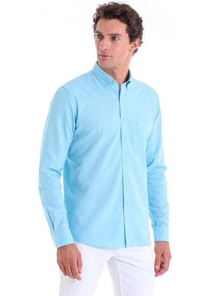 Turkuaz Comfort Fit Düz 100% Pamuk Düğmeli Yaka Uzun Kollu Oxford Gömlek modelleri