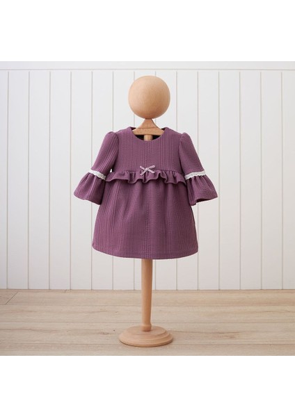 5407MY Kız Bebek Bürümcüklü Mürdüm Elbise
