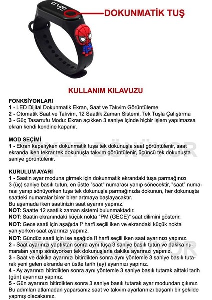 Dzc Kuzenler Avm Örümcek Adam Spiderman Figürlü Dijital LED Çocuk Saati Dokunmatik Ekranlı Su Geçirmez (Siyah) (Akıllı Değil)