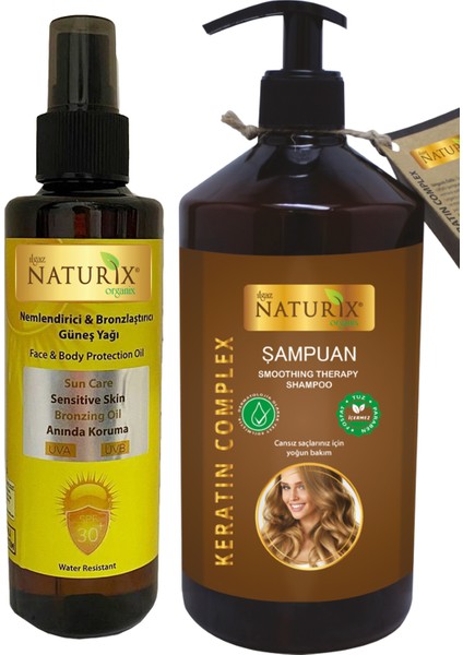 Bronzlaştırıcı Spf 30 Portakal Yağlı Güneş Yağı 200 ml + Tuzsuz Keratin Şampuanı 600 ml