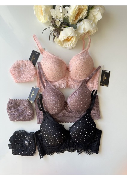 Intive Lingerie Serpme Parlak Taş Detaylı Yumuşak Dantel Push-Up Sütyen Takım