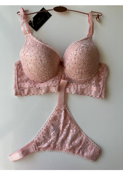 Intive Lingerie Serpme Parlak Taş Detaylı Yumuşak Dantel Push-Up Sütyen Takım