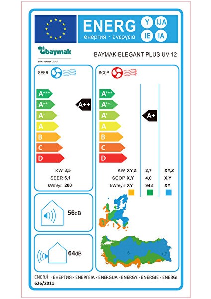 Elegant Plus UV 12 A++ (Montaj Dahil ) 12000 BTU Duvar Tipi Klima