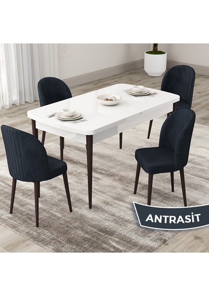 Concept Roe Serisi Açılabilir 80X132 Beyaz Masa Ceviz Ayak Mutfak Masası Takımı ve 4 Sandalye