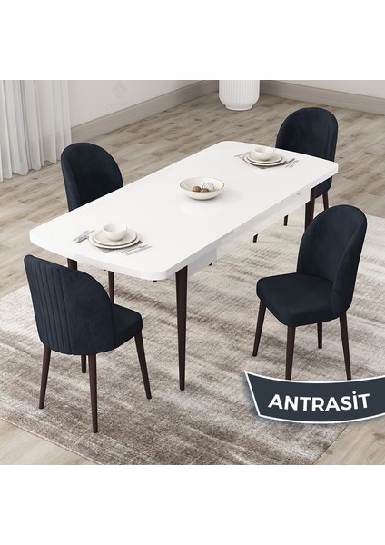 Concept Roe Serisi Açılabilir 80X132 Beyaz Masa Ceviz Ayak Mutfak Masası Takımı ve 4 Sandalye