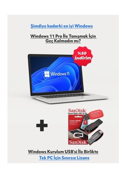 Windows 11 Pro Lisans + Flash Bellek (16 Gb) Free Dos Için - Windows 11 Kurulum Usb'si - Sınırsız