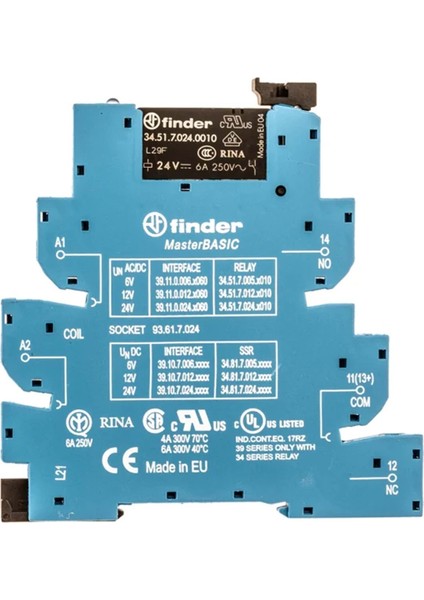 Fınder 39.11.0.024.0060 (24VAC/DC,1NO/1NC,5P-6A,BASKILI Soket+Slim Röle)