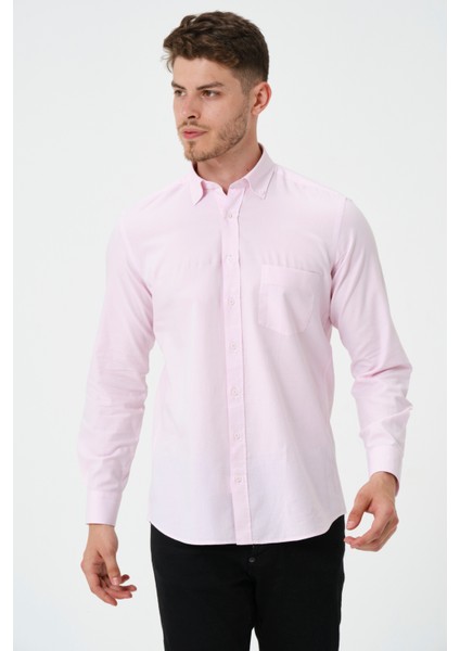 Erkek Pembe Oxford Regular Fit Düz Uzun Kol Gömlek